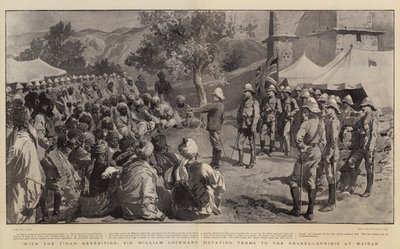 Met de Tirah-expeditie, Sir William Lockhart dicteert voorwaarden aan de Orakzai-Afridis in Maidan door William Small